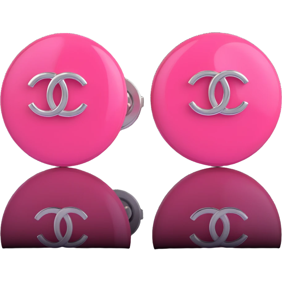 Remove any pearl elements, keep as glossy pink 3D emoji-style Chanel logo stud earrings with silver accents, elegant, with no background. emoji