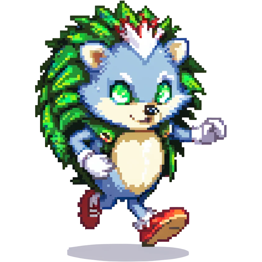 scene of a blue anthropomorphic hedgehog with spiky quills, large green eyes, white gloves, red shoes with white strap and gold buckle, running at high speed in a lush Green Hill Zone with looping hills, checkerboard terrain, golden rings, and motion blur lines, dynamic energetic pose emoji