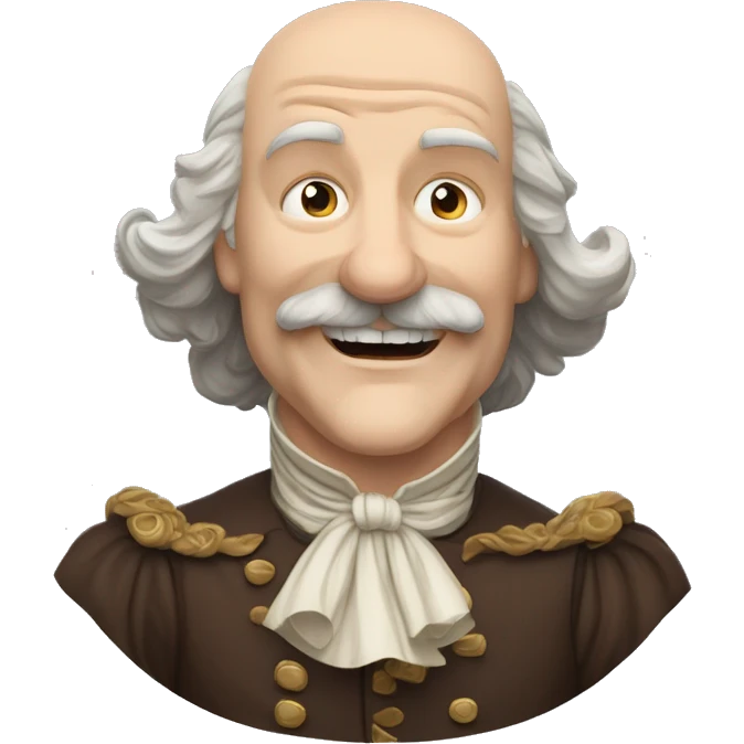 Short pudgy old man over enthusiastic happy excited face bald forehead long wavy gray and brown brunette long wavy hair moustache Shakespearean dress vintage clothes hamlet small arms emoji
