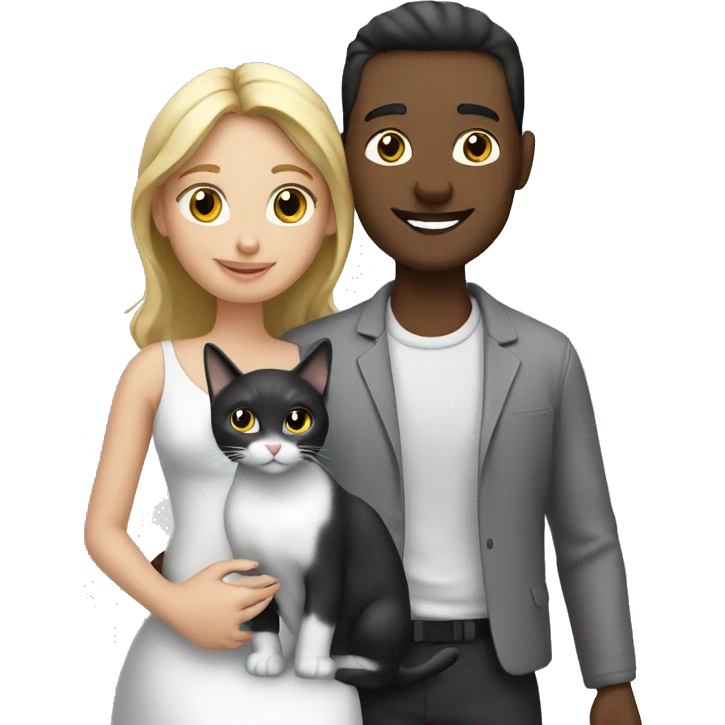Girl & husband with two cat. black white & grey. emoji