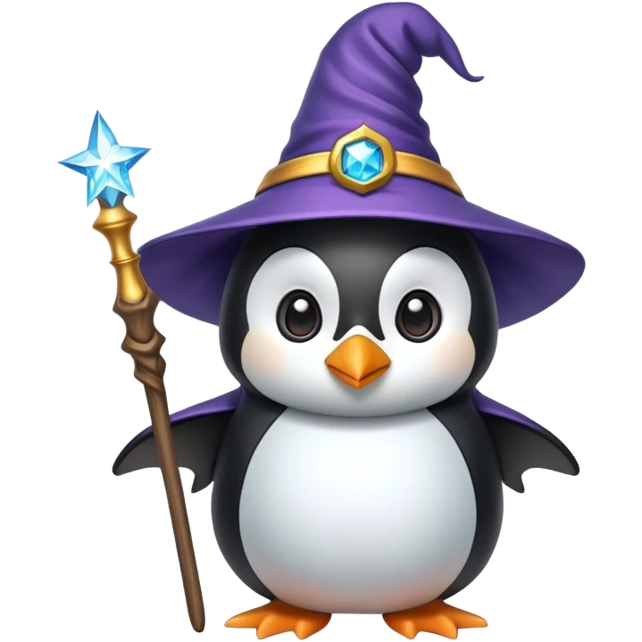 penguin dressed as a wizard with magic wand and wizard hat emoji
