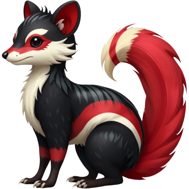 Feral Rare Fantasy shiny soft fuzzy furry vibrant tropical obsidian-black and crimson-red Vernid-Trico-species-creature by LiLaiRa, random markings, tufted tail, tufted ears, full body with markings with white skunk-tail-stripes emoji