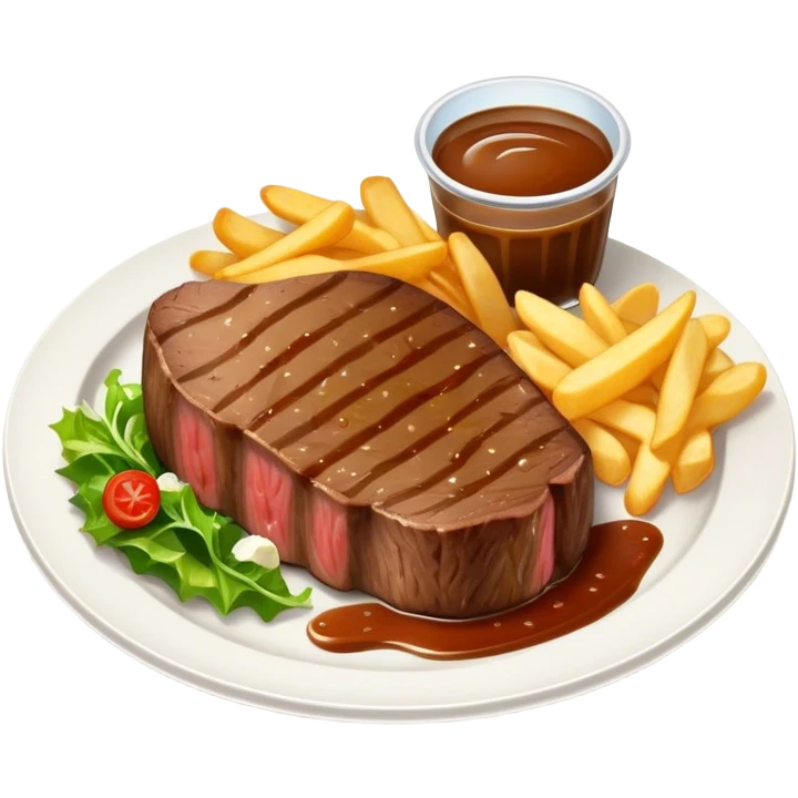 big juicy australian steak meal featuring chips, small salad in a ramikan and gravy  emoji