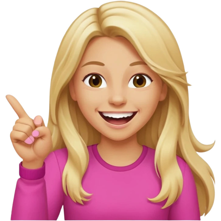 Blonde tan girl with long hair, laughing and pointing straightforward wearing pink emoji