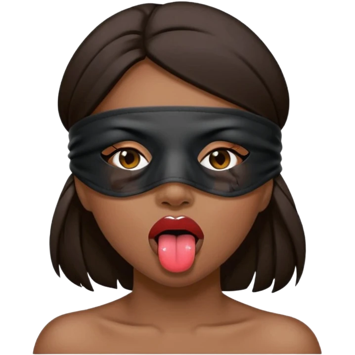 woman with dark brown hair wearing black blind fold completely covering her eyes. tongue out and saliva coming from mouth emoji