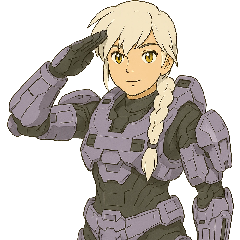 victory salute, female, wearing reach spartan armor shoulder-unequip, long white braid hair with massive messy front side single bangs, gold yellow eyes, attention pose, D-cup size, HALO:series, no helmet, the armor is lavender color scheme, emoji