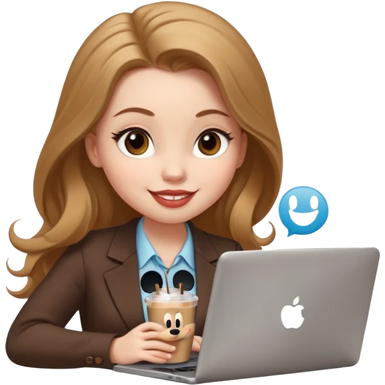 Women in front of one laptop that has a Mickey sticker on it, with a happy face, face a little fuller, lips plump, full eyebrows, long light brown hair, light brown big eyes, light pale skin with a iced coffee on the side, business attire, typing emoji