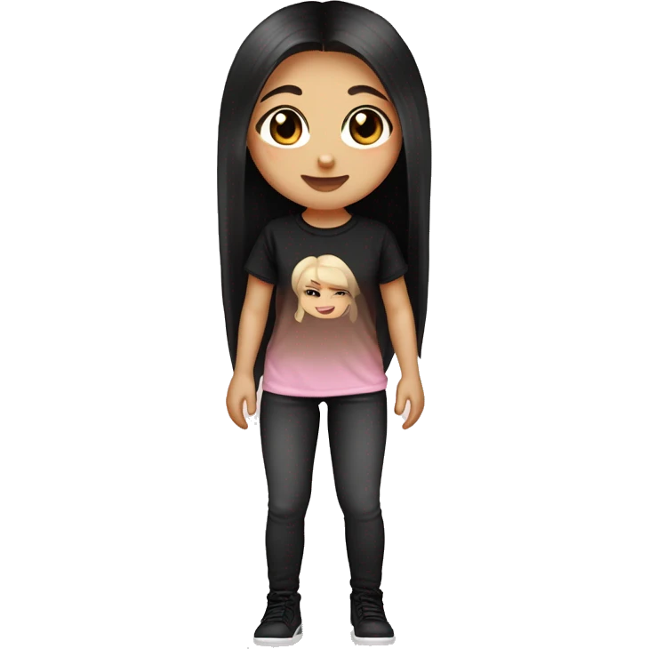 Slavic girl, light skin, long eye lashes, pink beige lips, brown eyes, long black-to-blonde ombre straight hair, black T-shirt, chibi, smiling. emoji