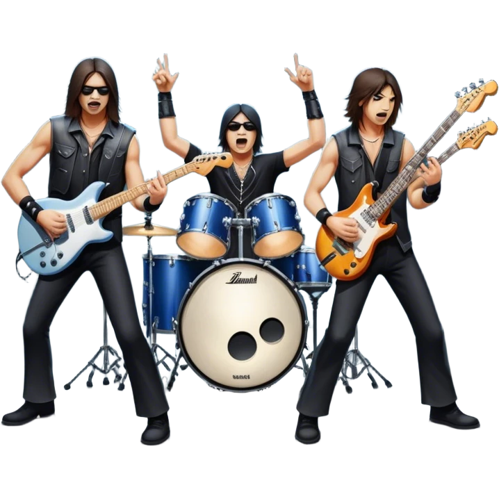 Icon for Heavy Metal Music: 4 men band on stage with electric guitars, drums and intense lighting. 3 guitarists and 1 drummer, surrounded by energy and stage effects, capturing the power and intensity of a metal concert. Transparent background. emoji