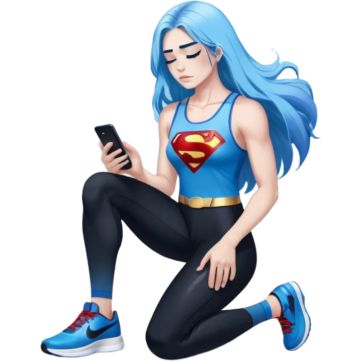 Shameful disappointed crying-very very very very big chest-texting on a samsung cell phone-very long straight flowing black to sky blue hair ombre-blue eyes-black eyeliner-long eyelashes-plastic sparkling sky blue very low cut tank top with sparkling superman logo-black leggings-nike sneakers emoji