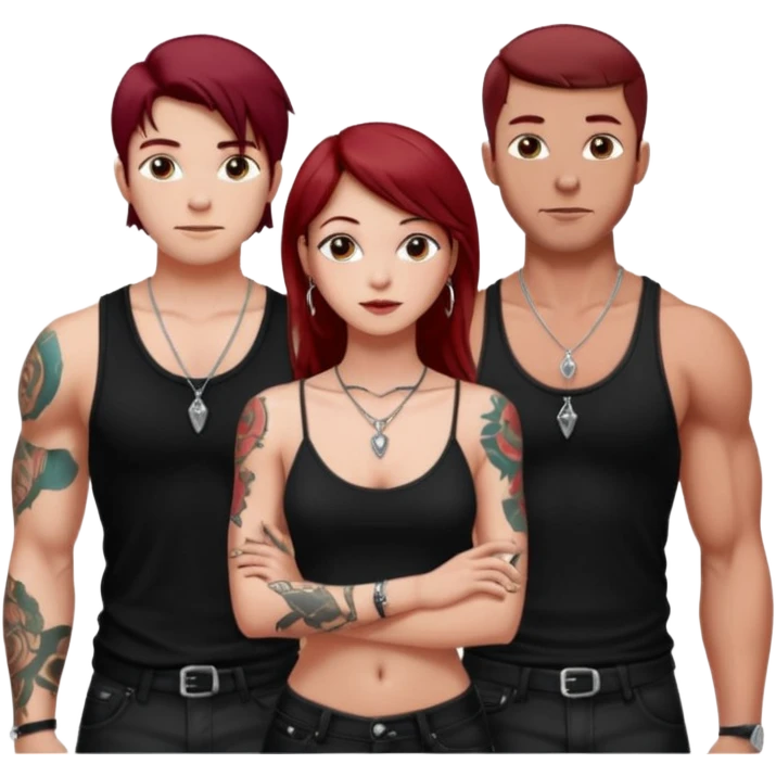 a pretty bratz fair girl with dark red straight hair, black cami top, silver dainty necklaces, rings, hoops, tattoos standing with two handsome lean but muscled guys emoji