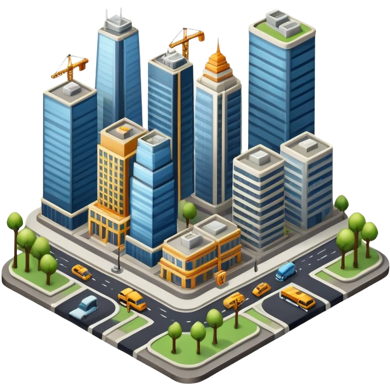 An icon showing a city-building game interface, inspired by Sim City. The design features a bustling city with roads, skyscrapers, and parks, with buildings being constructed and managed. The game’s interface, with stats and controls, is visible at the top. Transparent background. emoji