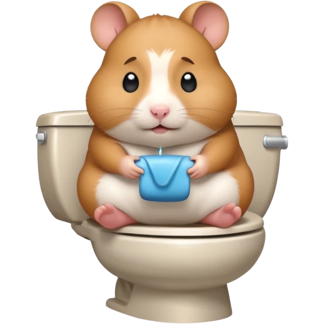 Cute chubby cartoon-style hamster sitting on toilet pooping looking as if he had an accident emoji