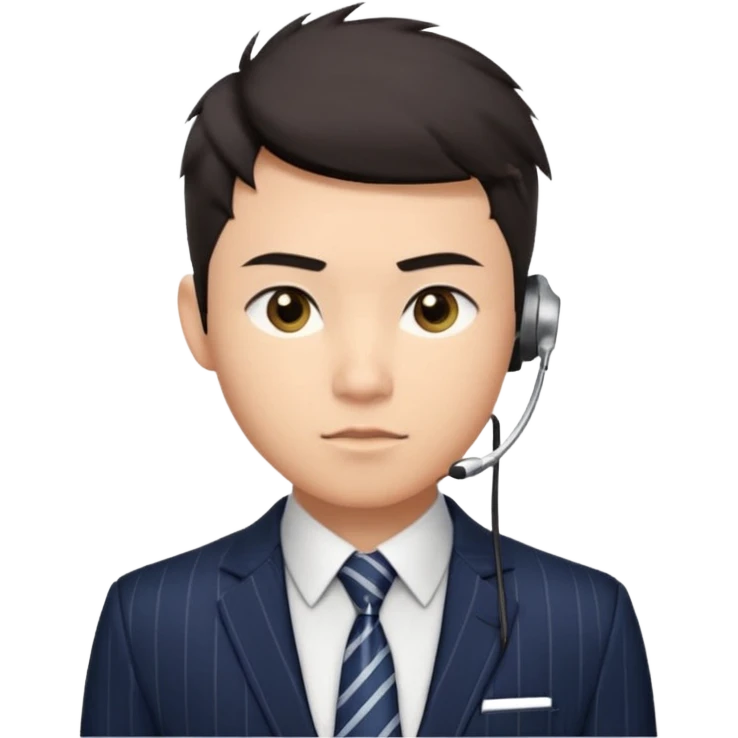 A young Asian man with light skin, short dark hair styled upward with a sharp spiked swoop in front, slightly narrowed almond-shaped eyes with a confident, knowing squint, a clean-shaven face, and a sleek single-ear headset, wearing a dark pinstripe suit with a patterned shirt tie emoji