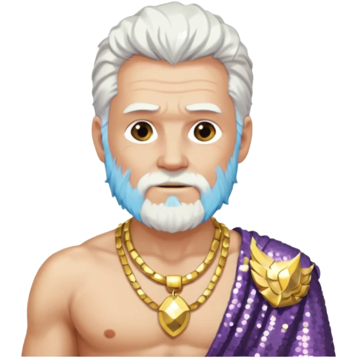 Odin with white hair, white sequin loincloth, shirtless with necklace emoji