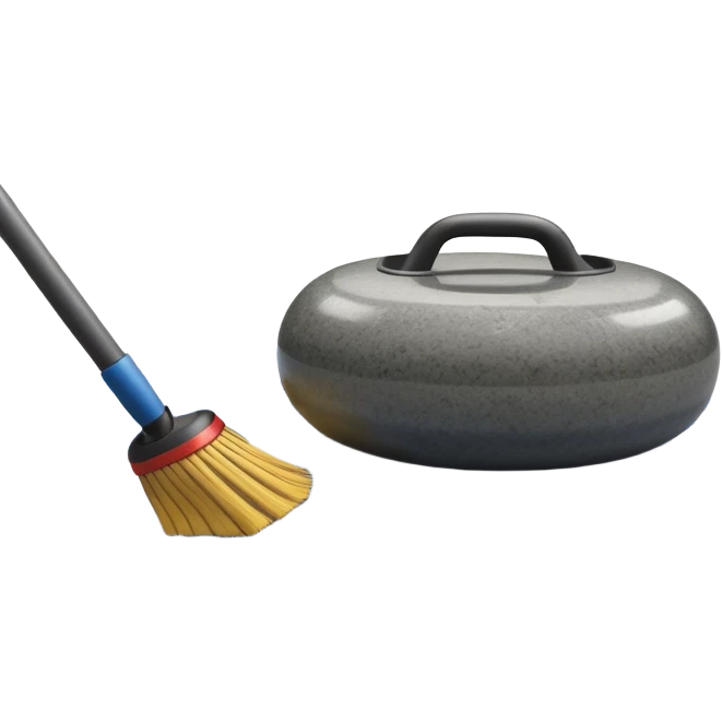 An icon showing a detailed close-up of a curling stone sliding across the ice, with a broom in motion beside it. The background features an indoor stadium with cheering spectators on the stands. Transparent background captures the strategy and focus of curling. emoji