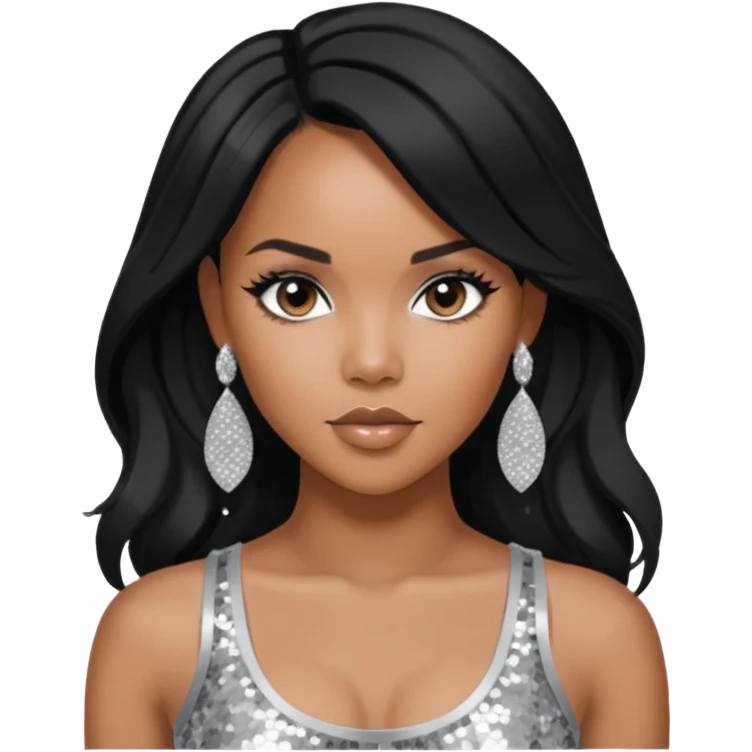 LeToya Luckett with black long hair, silver sequin crop top, silver earring emoji