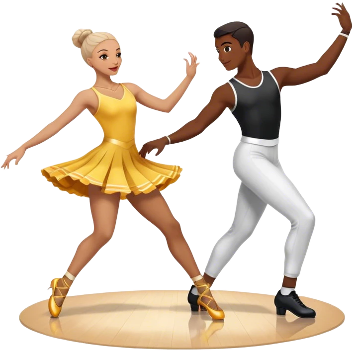 Icon for Sports Dance: a couple performing an energetic and synchronized dance, dressed in competitive dance attire, dance shoes, a rhythmically placed dance floor, and a competition backdrop. The icon should capture the athleticism, technique, and precision of sports dance. Transparent background. emoji
