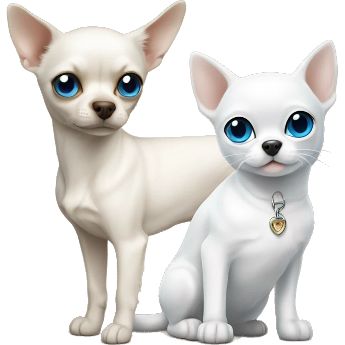 white cat blue eyes standing next to tan chihuahua with dark eyes  emoji