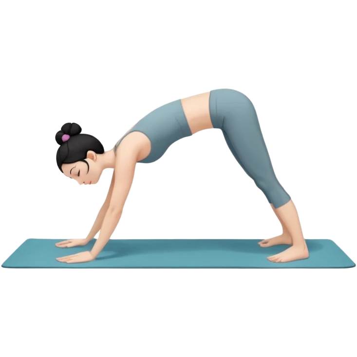 white girl with black long hair in a messy bun doing yoga position - downward facing dog emoji