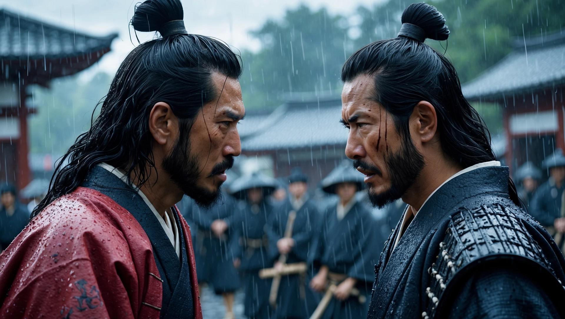 A cinematic scane from 1185, Long shot of a two japan samurai face to face ready to fight during rain, deph composition, tense atmosphere, captured by by arri alexa, film directed by wes anderson emoji