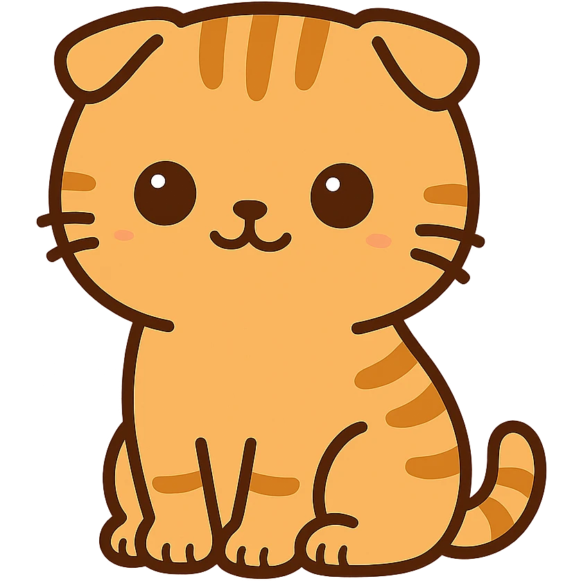 flat toon style kawaii orange scottish fold kitten sitting, dark round eyes, cute emoji