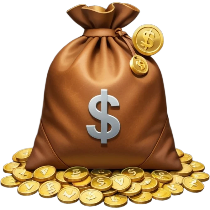 bag of money with a classic video play button (white triangle on dark circle) on the bag, no dollar sign, with a pile of coins at the side emoji