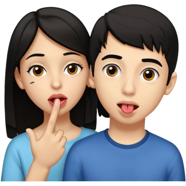  a white teenage Arab boy, light brown eyes sticking out his tongue and poking one eye, on one side a slightly dark-haired teenage girl, black hair with one brown eye and one black eye, the young girl blows a kiss  emoji