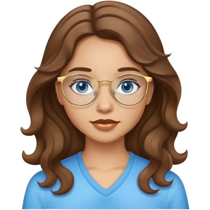 Girl with wavy Brown hair, light skin tone blue eyes and gold glasses emoji