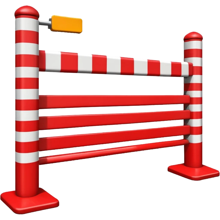 Flat emoji-style icon of a parking barrier gate (boom barrier).
Red and white striped horizontal arm, raised at a slight angle.
Simple geometric shapes, clean vector design.
No text, no background, transparent or plain background.
Bright colors, high contrast.
Centered object, minimal details. emoji