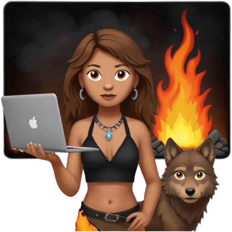 a NEANDERTHAL WOMAN WITH BROWN HAIR STANDING BY A FIRE AND TENT WITH BLACK WOLF HALTER TOP AND A LAPTOP emoji