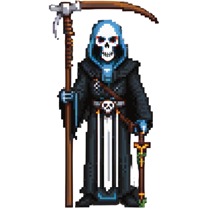Grim reaper with scythe, skull face, death personified emoji