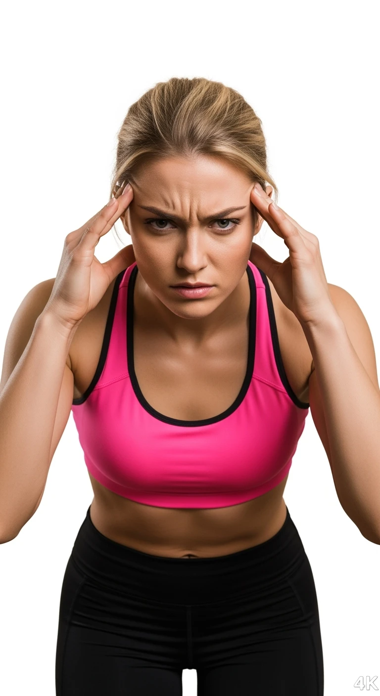 DONNA FITNESS STRESSATA CHE SI TIENE LE DITA SULLE TEMPIE, iperrealistico 4k, ISOLATA SU SFONDO BIANCO emoji