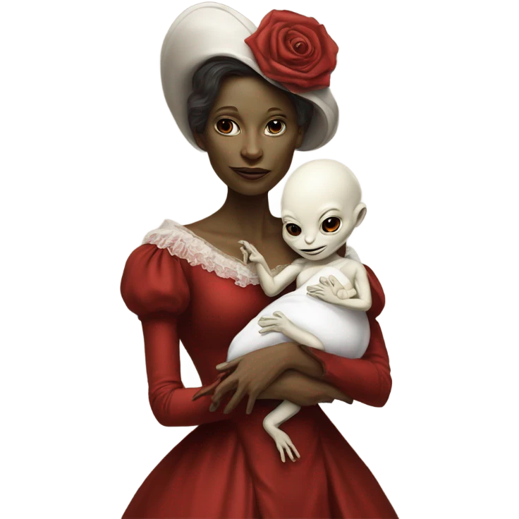  Reptilian alien woman , full body, in victorian red elegant dress , holds a newborn white humman baby emoji
