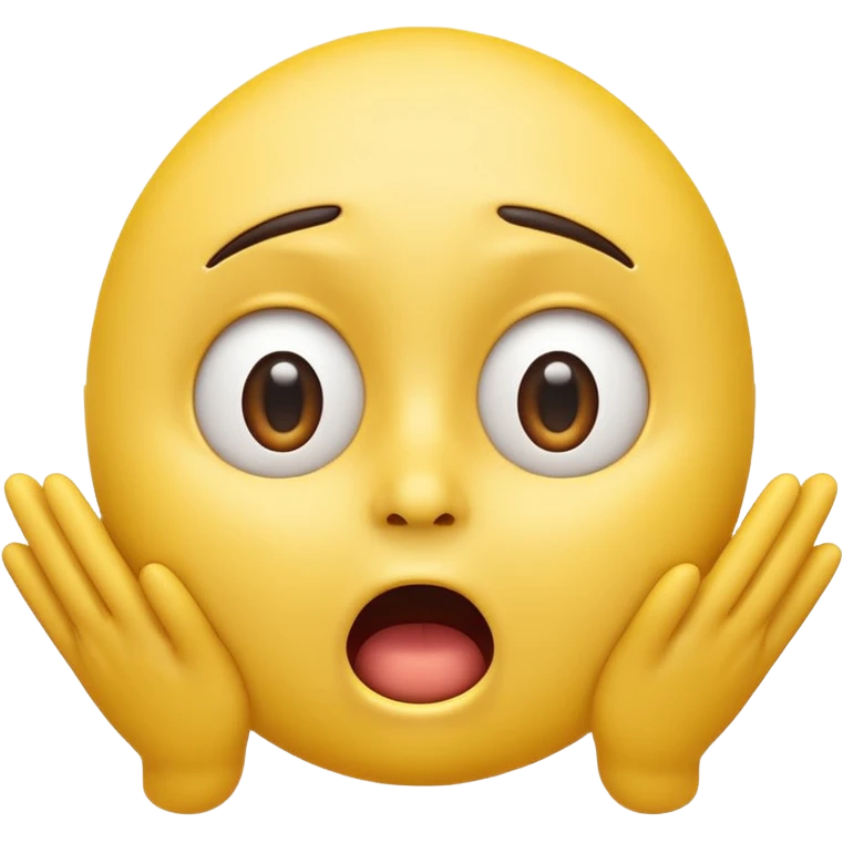 A 3D glossy yellow emoji of a shocked horrified face, with mouth and eyes are wide open, eyebrows  raised, and hands against their cheeks, face without nose, black background, high quality, soft studio lighting emoji