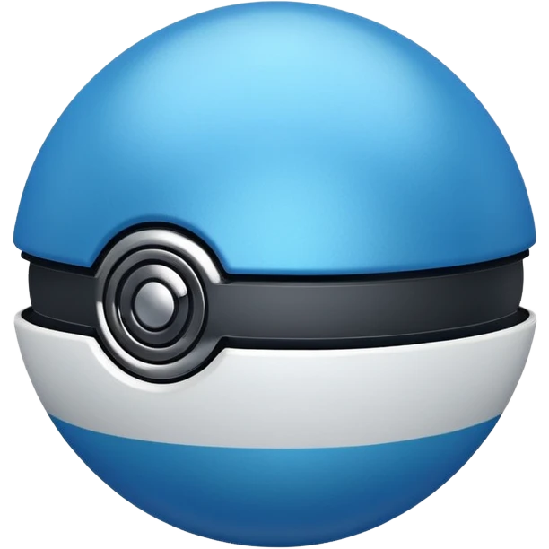 blue pokeball emoji, top half is a more saturated blue, bottom half is white, black stripe, with a metallic sheen, with a matte finish emoji