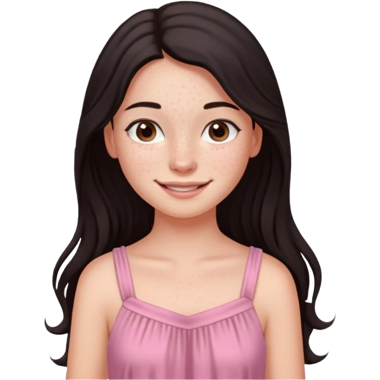 Девочка с длинными собранными темными волосами и веснушками в нежно розовом emoji