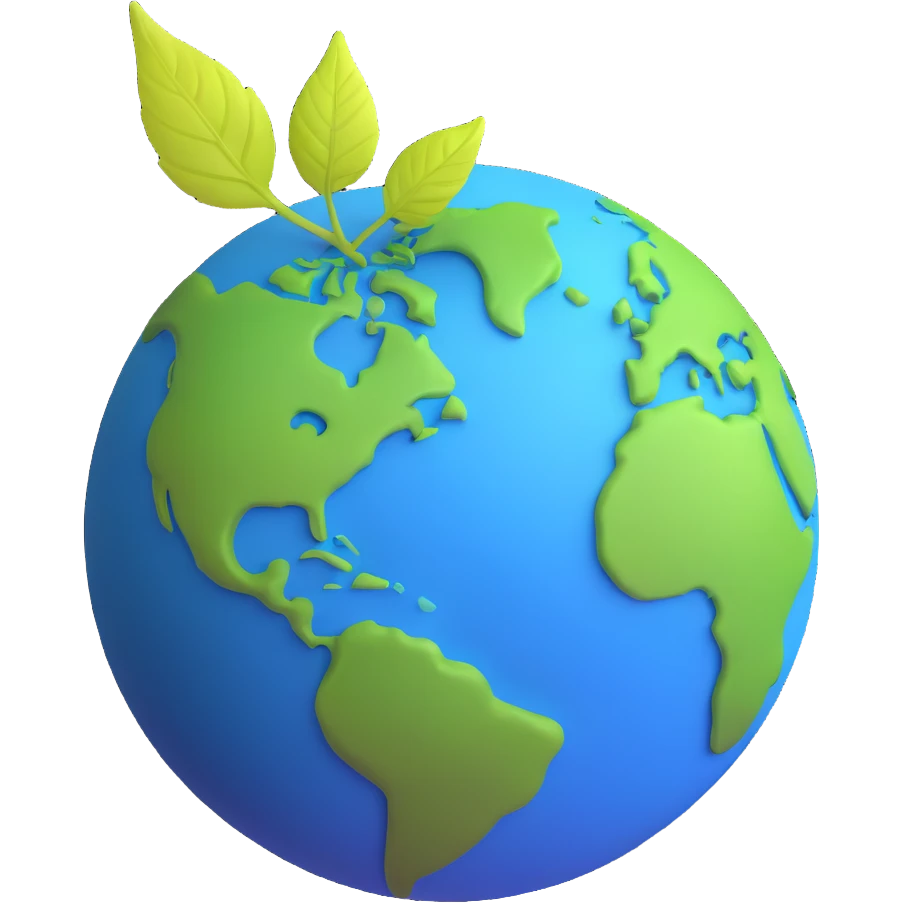 A single green leaf resting gently on top of a vibrant, round Earth globe. The focus is on the leaf and the globe with a simple background and soft natural lighting emoji
