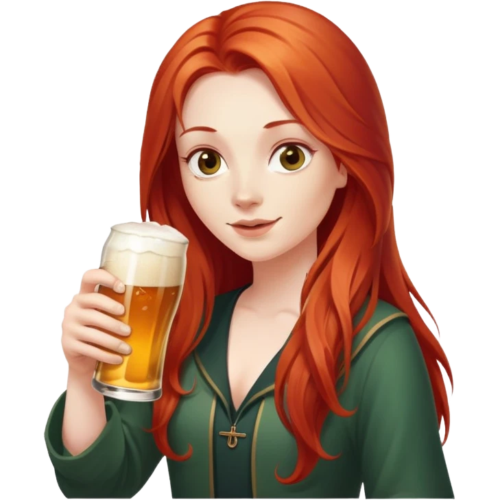 Character with flowing long red hair and a beer bottle emoji
