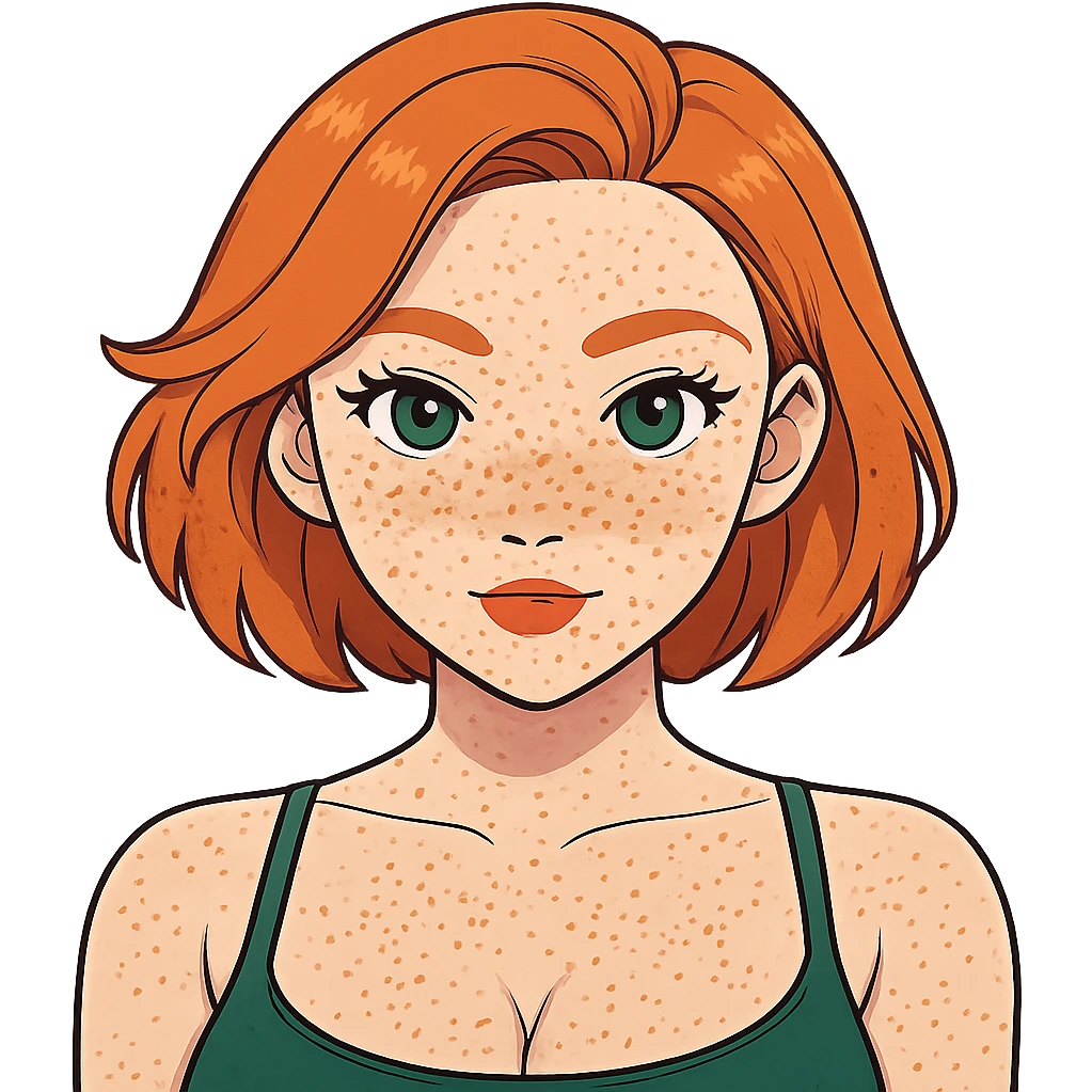 Add freckles to the pale ginger baddie with big boobs, ginger eyebrows, and green eyes, keep the background transparent. Maintain the original style and transparent background. emoji