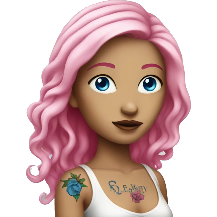 White lady with hot pink long hair, blue eyes, tattoos emoji