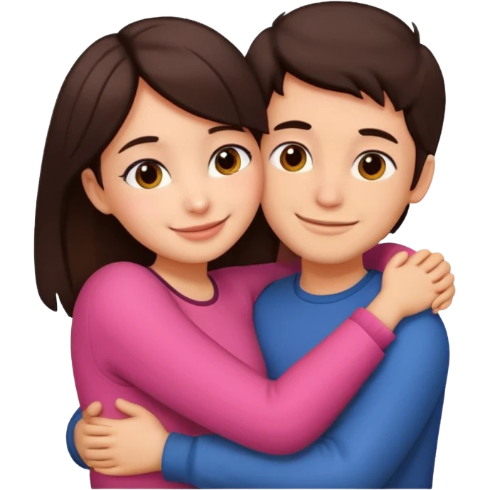 Girl and boy couple Both peach skin and darkish brown hair hugging emoji leaning on eachother emoji