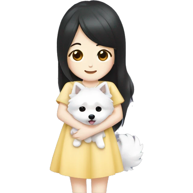 Japanese spitz dog hug black hair girl with dress emoji