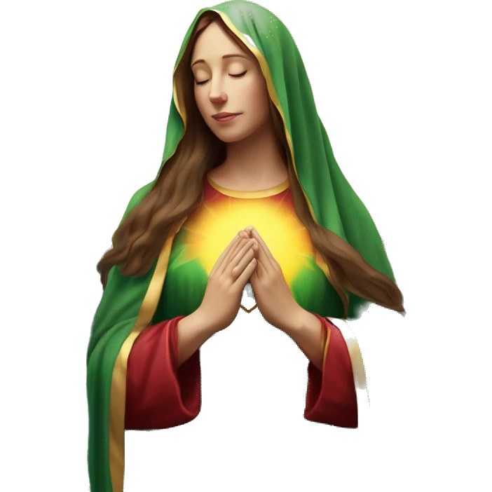 Virgin Mary: kind face looking down at the left, long brown hair, Wearing an emerald green  robe with gold stars and a burgundy red dress,  Hands in prayer or blessing. Halo around her head. standing in front of a big sun. colorful roses on the sides  emoji