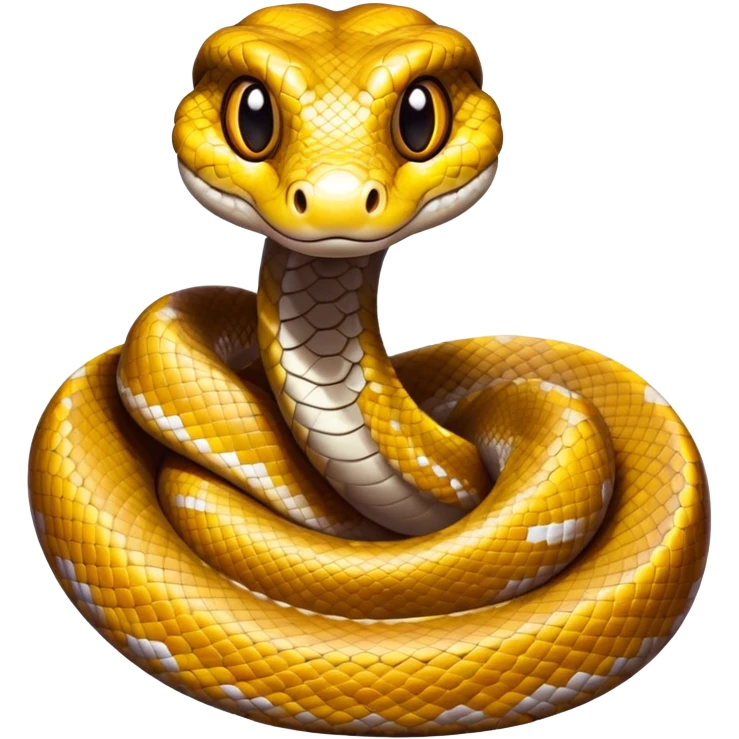 Cinematic Cute Python Portrait Emoji, Head tilted playfully and inquisitively, with a sleek, patterned body accented by vibrant scales and round, sparkling eyes full of charm, Simplified yet irresistibly adorable features, highly detailed, glowing with a warm, inviting glow, high shine, affectionate and lively, stylized with a touch of exotic whimsy, bright and endearing, soft glowing outline, capturing the essence of a mischievous yet loving python that seems as if it could slither out of the screen into your arms! emoji
