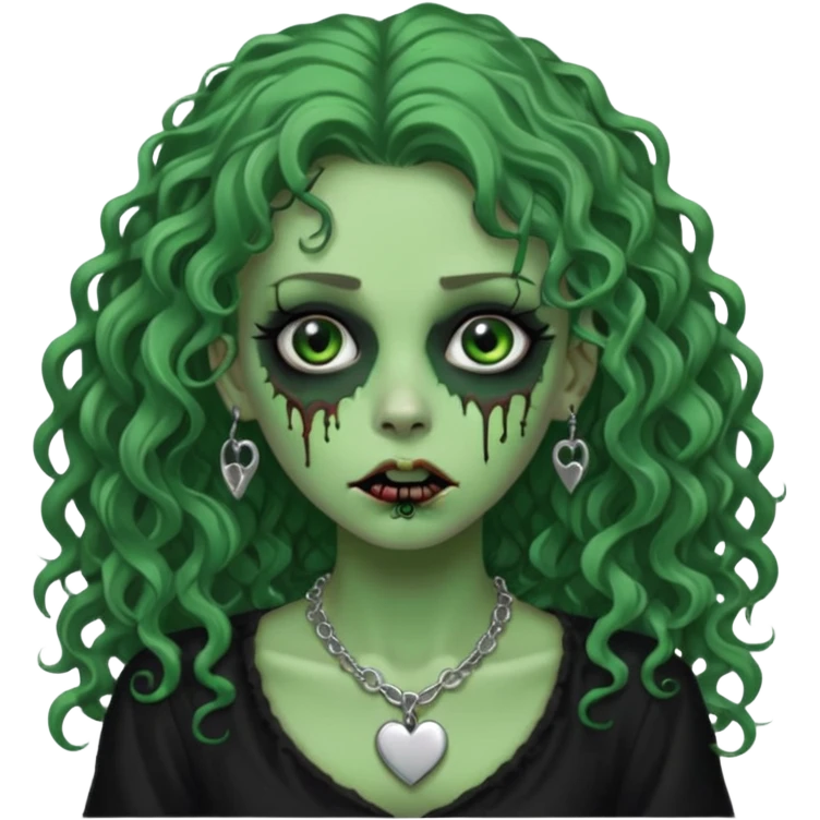 a green zombie girl with a scar on her face, long curly hair, wearing a black blouse and a silver necklace with a heart pendant downcast eyes and eyeliner emoji