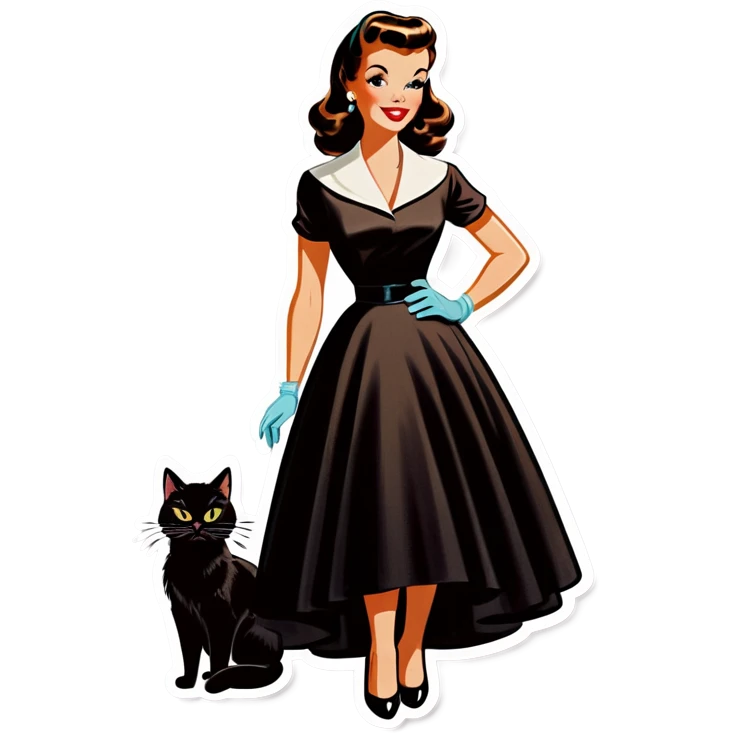 Beautiful woman in 1950’s woman fashion look, black dress, long dark brown hair, whisky with ice, black cat emoji