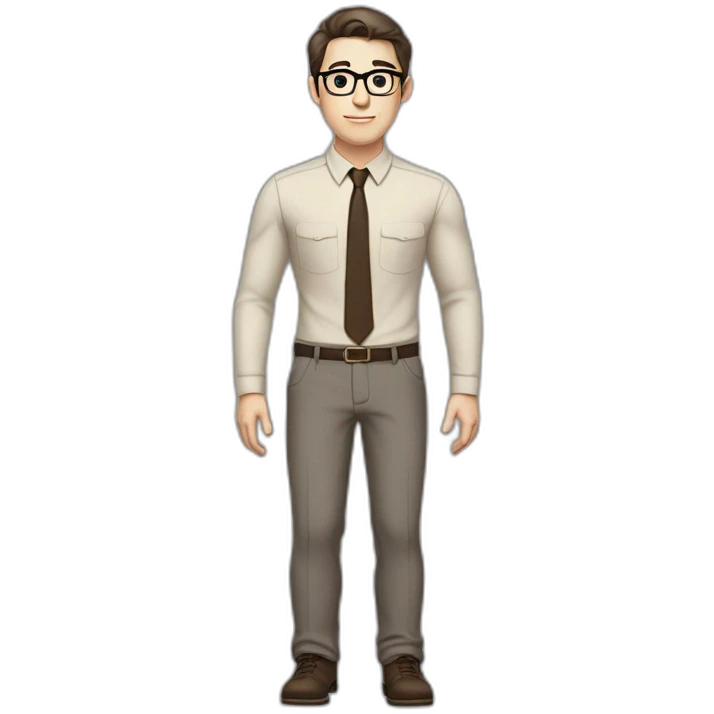 Full height Pale skinned fit man with dark brown hair in gray jacket, beige office shirt, brown tie, brown pants and vintage glasses. His right hand stretched out emoji