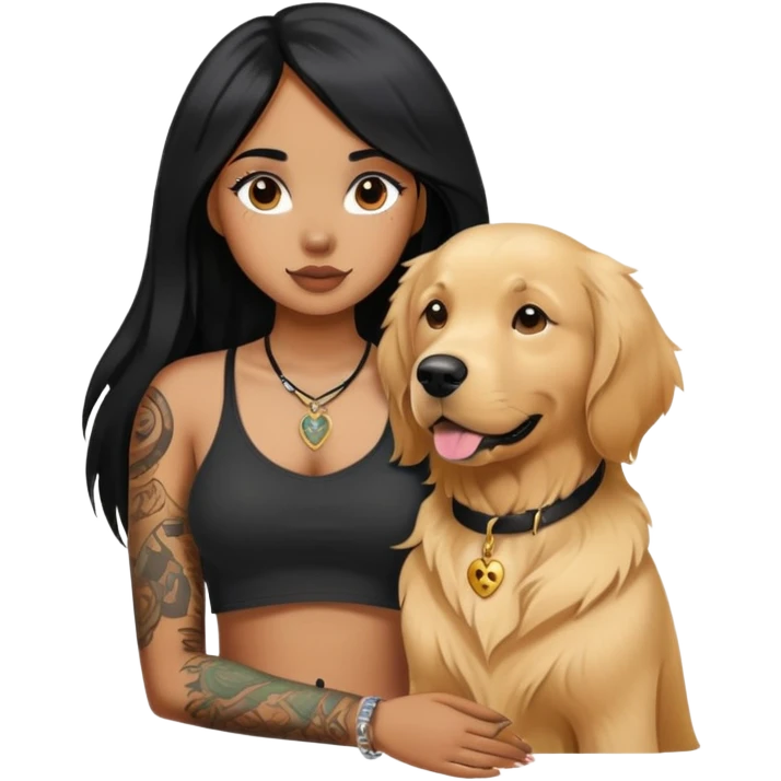 brown girl with long black  straight hair with  tattoos on the chest and  a golden retriever emoji