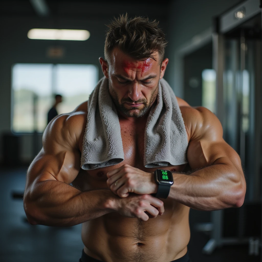 hyperrealistic 4K image of a muscular man in his 30s, breathing heavily, obsessively checking wrist heart rate monitor, face red and contorted with stress, sweat pouring, gym towel soaked, panic and fear in his eyes, gym setting emoji